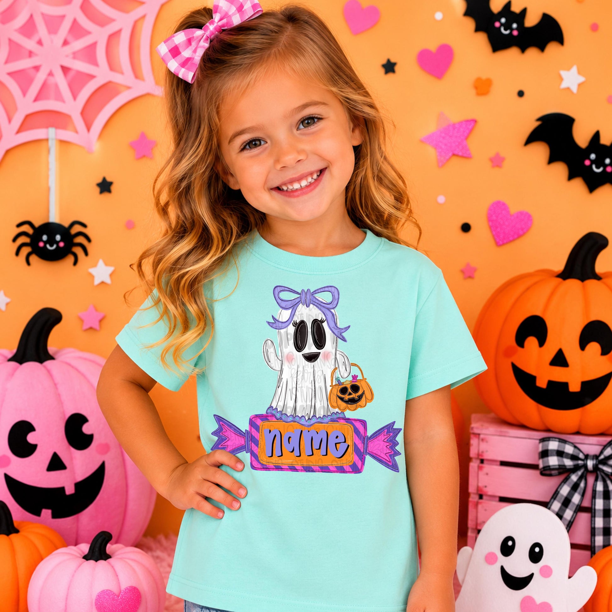 Girl ghost holding trick or treat basket with candy as a name patch | Sublimation Design | Digital Download | Women’s, Kids Shirt PNG