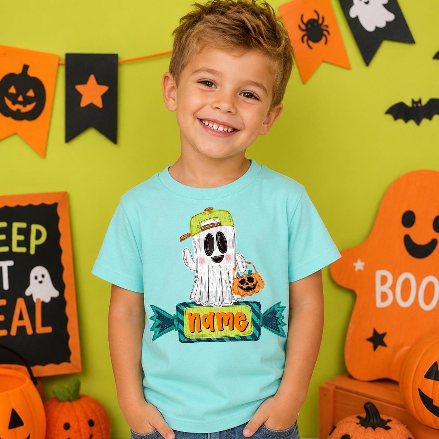 Boy ghost holding trick or treat basket with candy as a name patch | Sublimation Design | Digital Download | Women’s, Kids Shirt PNG