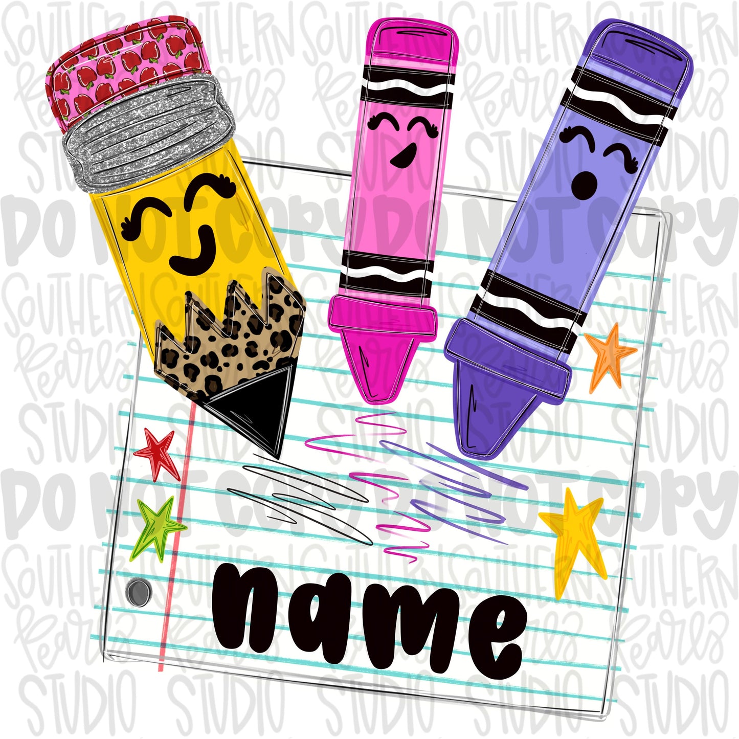 Notebook paper with pencil and pink and purple crayons writing name girl png design | school png teacher png student png | Digital Download