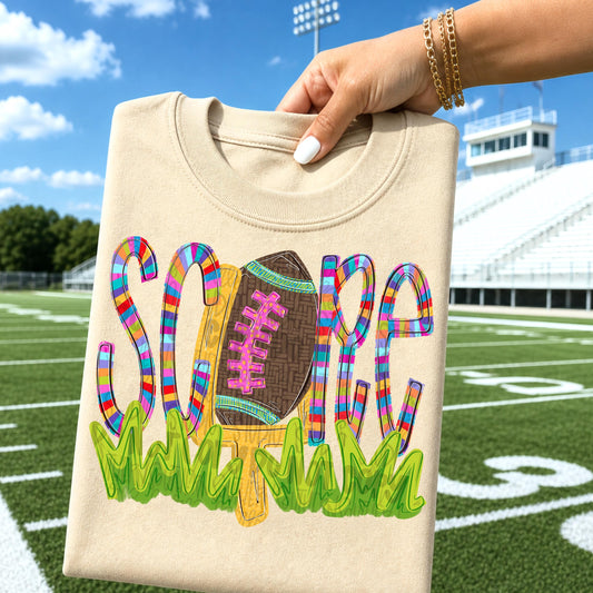 SCORE colorful striped wording with a football, goal post and grass | Go Team | PNG | Sublimation | Design Download