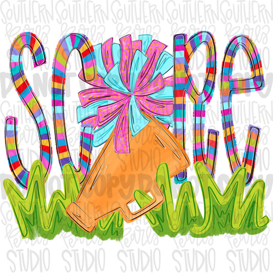 SCORE colorful striped wording with a pom pom, megaphone and grass | Go Team | PNG | Sublimation | Design Download
