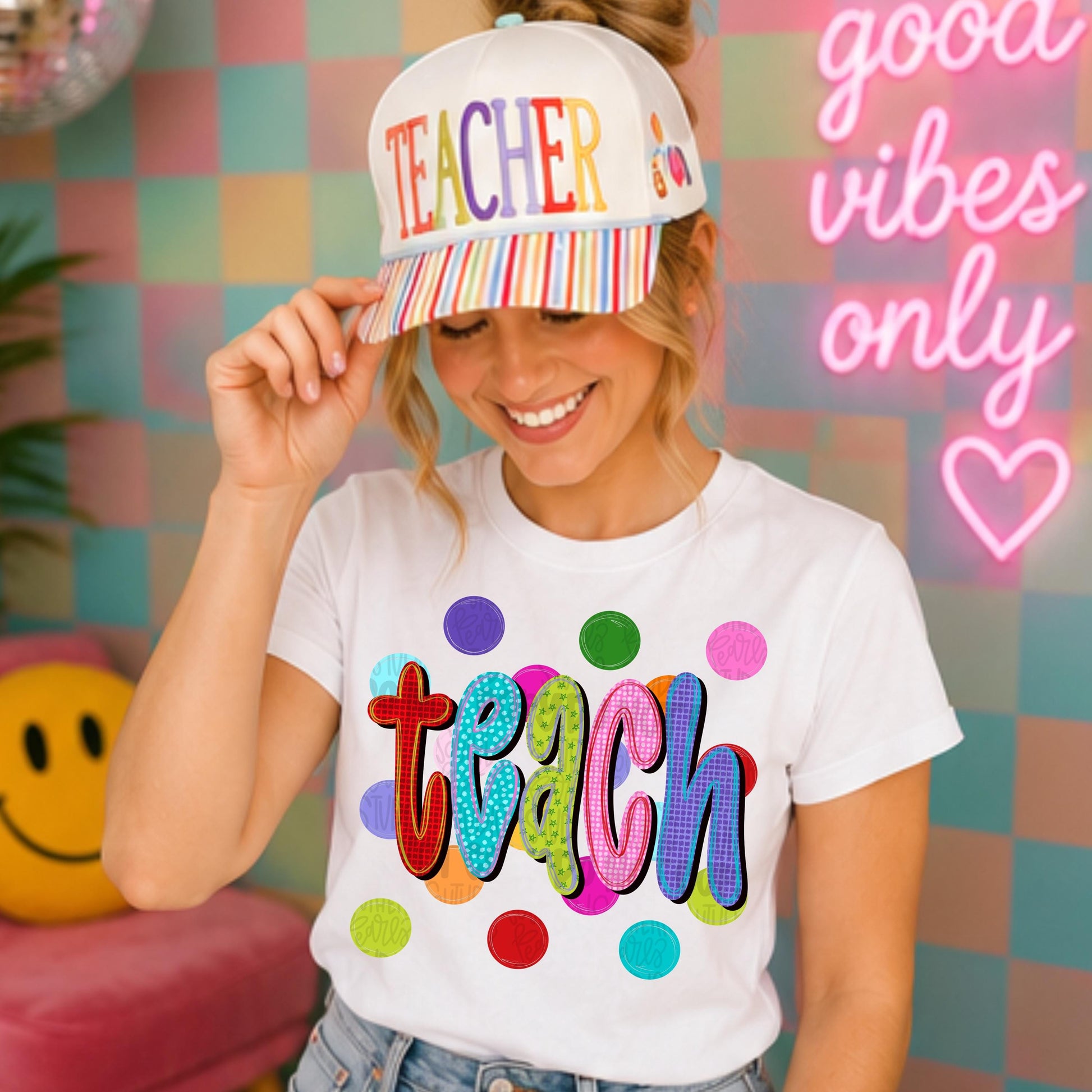 Colorful teach with polka dot background | school png, teacher png, student png | Digital Download | Women Shirt PNG