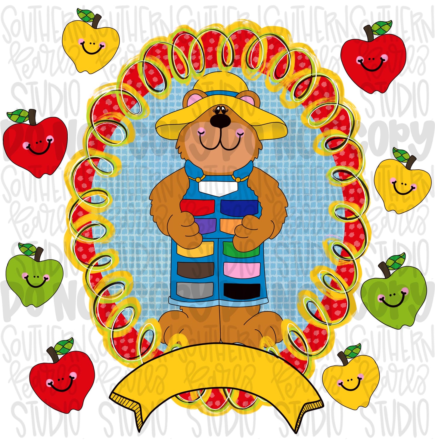 90s vintage school frame with apples and bear wearing overalls png | BLANK ADD your own name | school png, teacher png | Digital Download