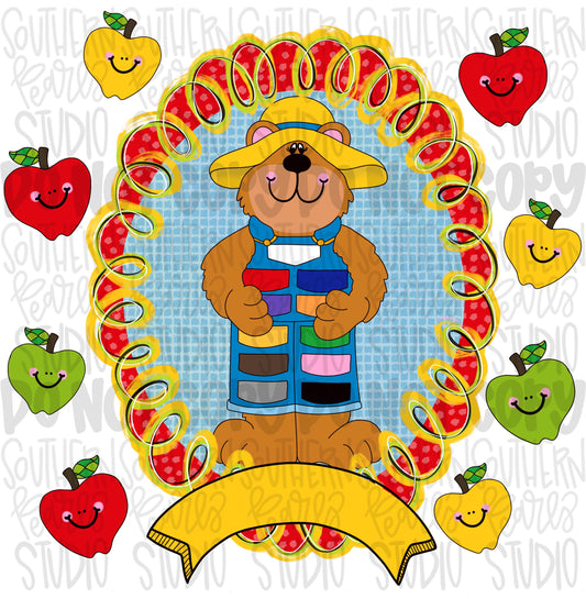 90s vintage school frame with apples and bear wearing overalls png | BLANK ADD your own name | school png, teacher png | Digital Download
