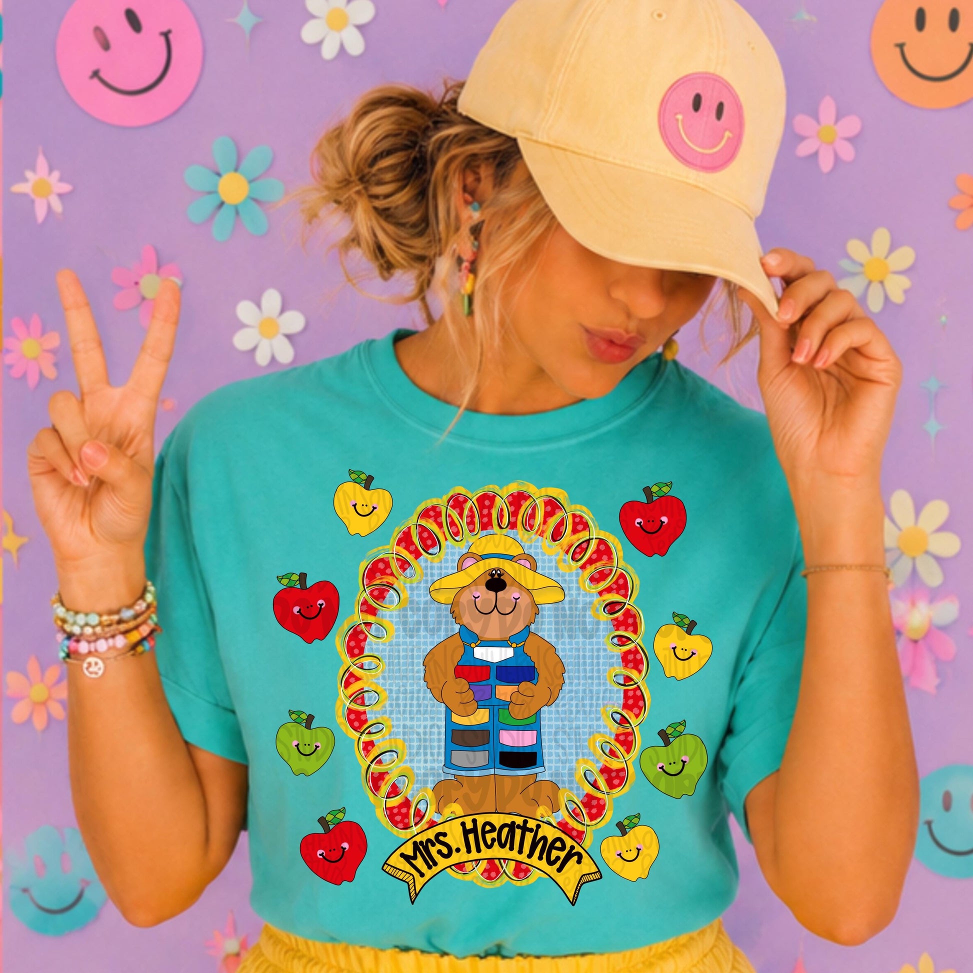 CUSTOM NAME 90s vintage school frame with apples and bear wearing overalls png | I add the name | school png, teacher png | Digital Download