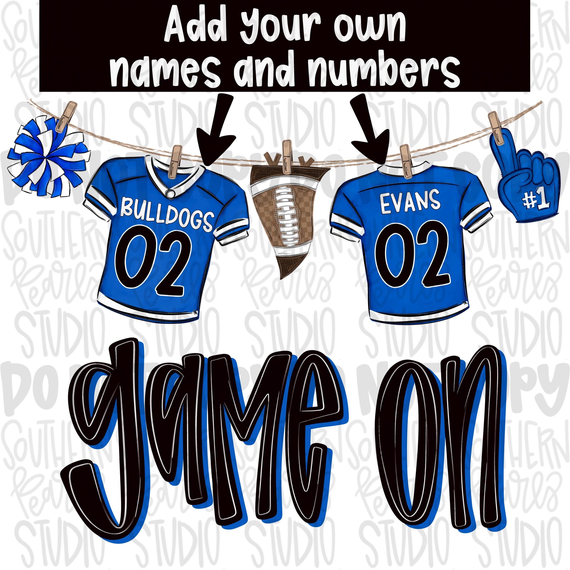 Game On Jerseys on clothesline png | Royal blue white and black | football png | Lets Go | Go Team | PNG | Sublimation | Design Download
