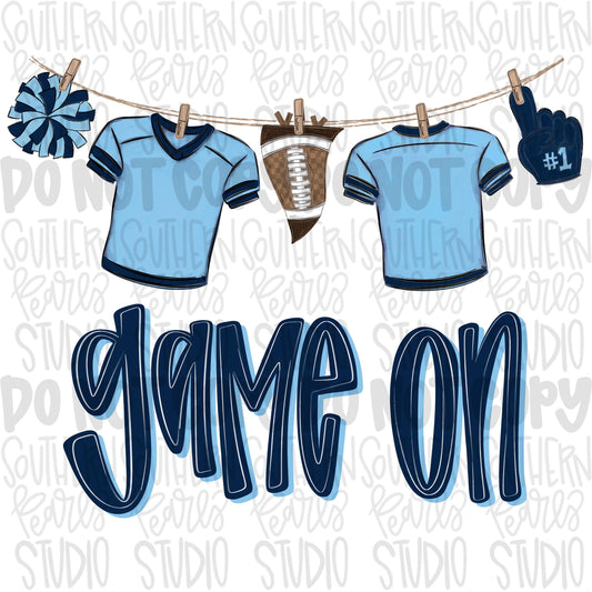 Game On Jerseys on clothesline png | Columbia blue and navy | football png | Lets Go | Go Team | PNG | Sublimation | Design Download