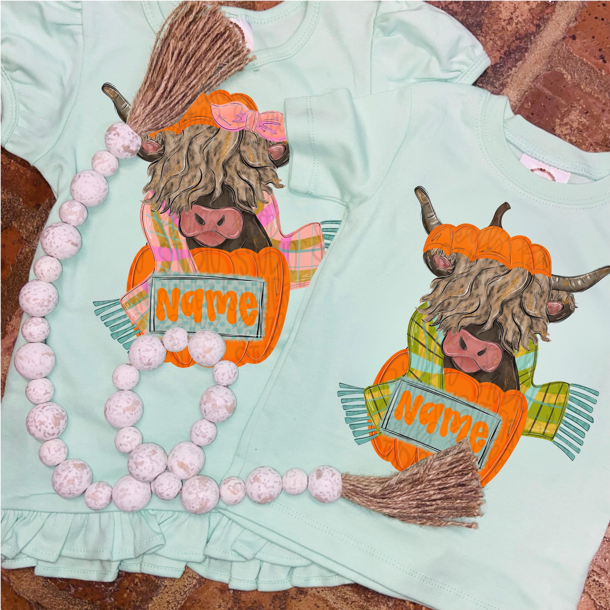 Girl Highland cow in a pumpkin and wearing a scarf with name patch png | Sublimation Design | Digital Download | Women’s, Kids Shirt PNG