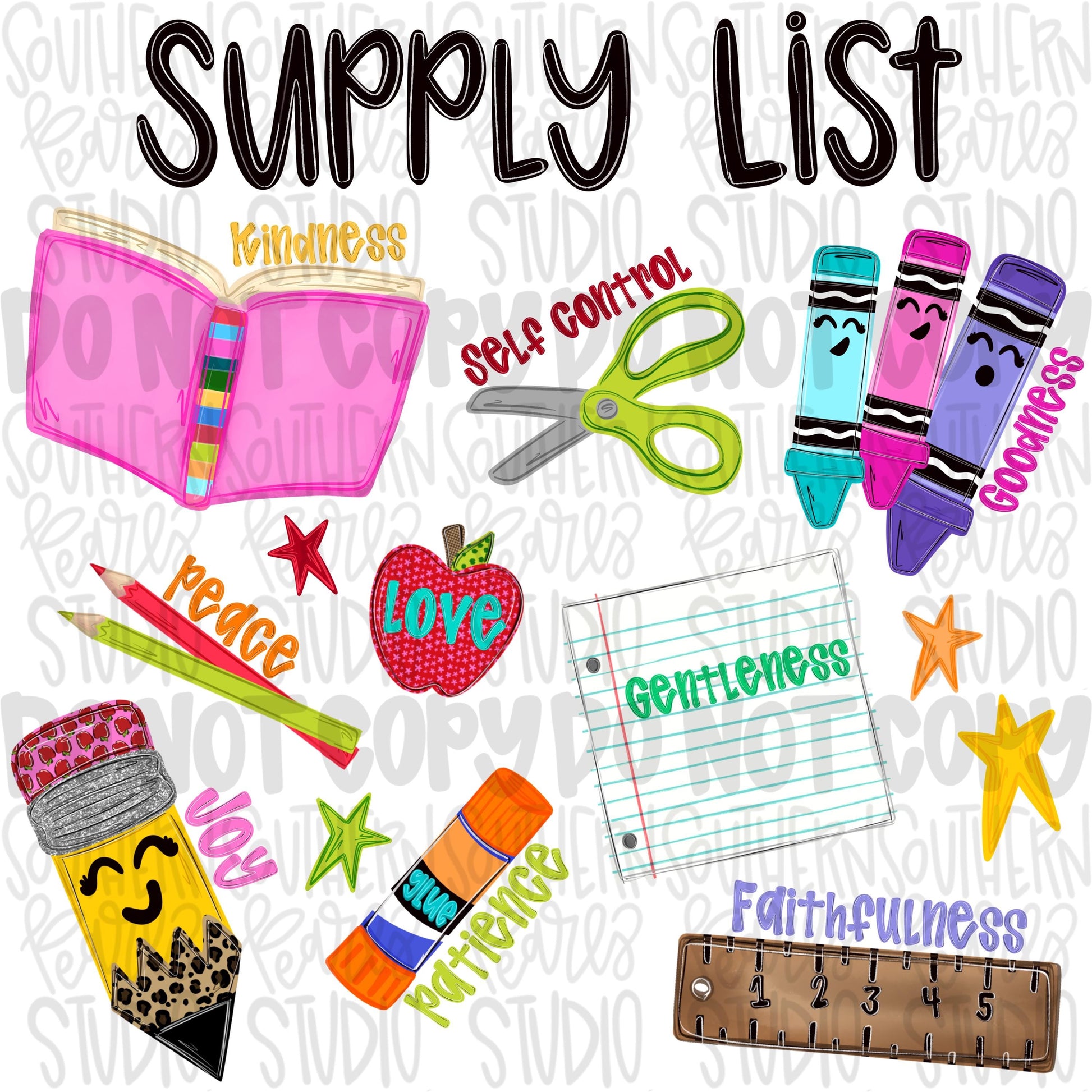 Supply list school items and fruits of the spirit png design | school png teacher png student png | Digital Download