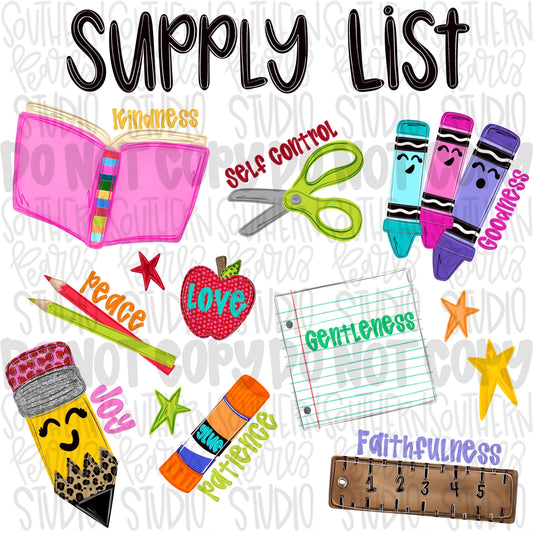 Supply list school items and fruits of the spirit png design | school png teacher png student png | Digital Download