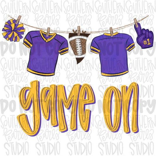 Game On Jerseys on clothesline png | purple and yellow | football png | Lets Go | Go Team | PNG | Sublimation | Design Download