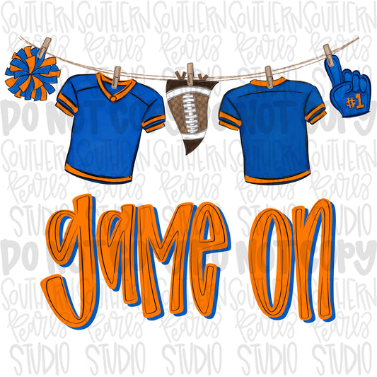 Game On Jerseys on clothesline png | Royal and Orange | football png | Lets Go | Go Team | PNG | Sublimation | Design Download