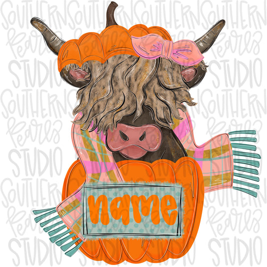 Girl Highland cow in a pumpkin and wearing a scarf with name patch png | Sublimation Design | Digital Download | Women’s, Kids Shirt PNG
