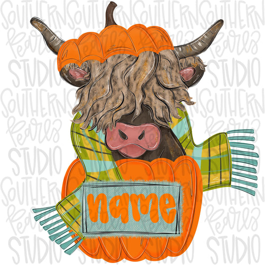 Boy Highland cow in a pumpkin and wearing a scarf with name patch png | Sublimation Design | Digital Download | Women’s, Kids Shirt PNG