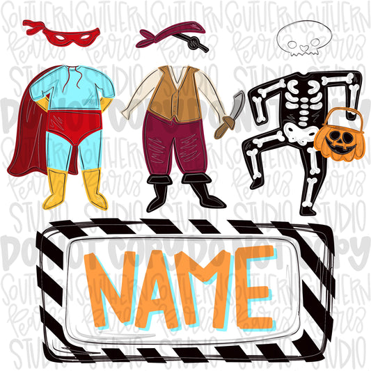 Boy costumes trio with name patch png | superhero, pirate, skeleton | Halloween | Sublimation Design | Digital Download | Kids Shirt PNG
