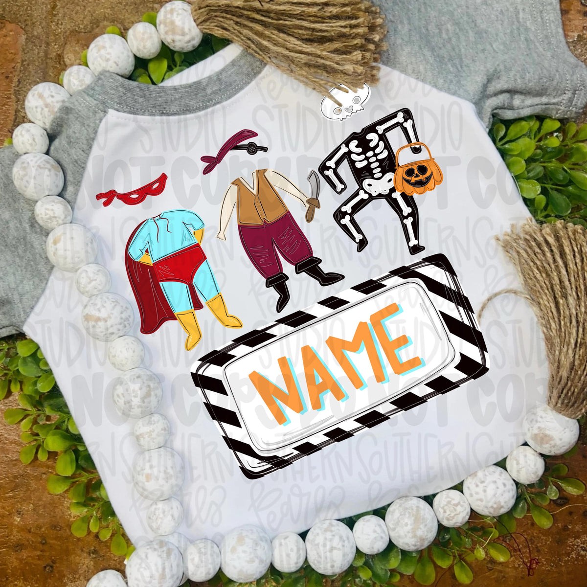 Boy costumes trio with name patch png | superhero, pirate, skeleton | Halloween | Sublimation Design | Digital Download | Kids Shirt PNG
