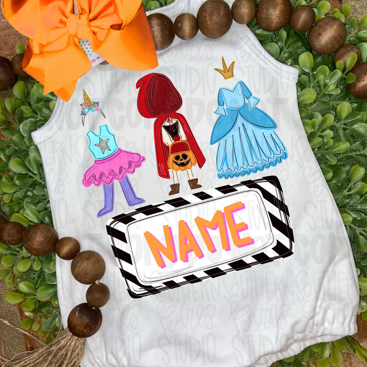 Girl costumes trio with name patch png | unicorn, red riding hood, princess | Halloween | Sublimation Design | Digital Download | Kids PNG