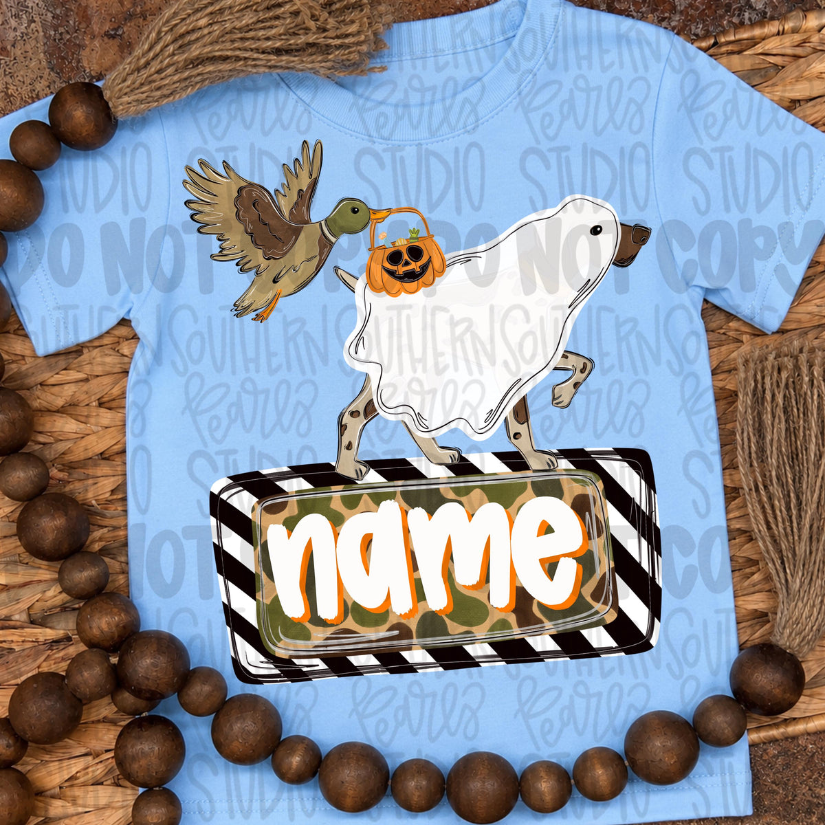 Ghost pointer and duck carrying trick or treat basket with name patch | Halloween | Sublimation Design | Digital Download | Kids Shirt PNG