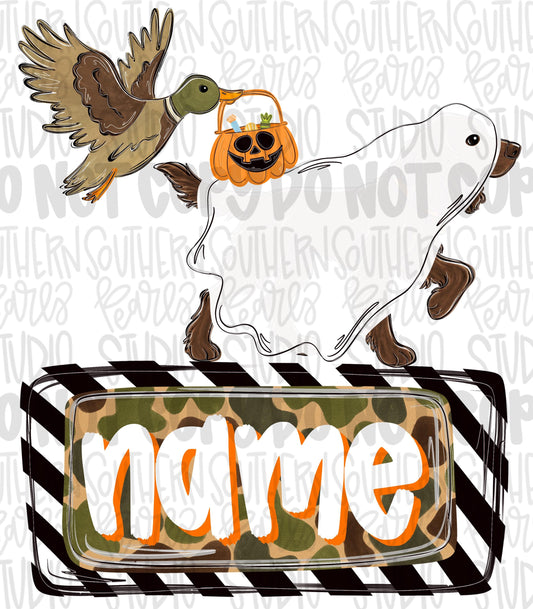 Ghost Boykin spaniel and duck carrying trick or treat basket with name patch | Halloween | Sublimation Design | Digital Download | PNG