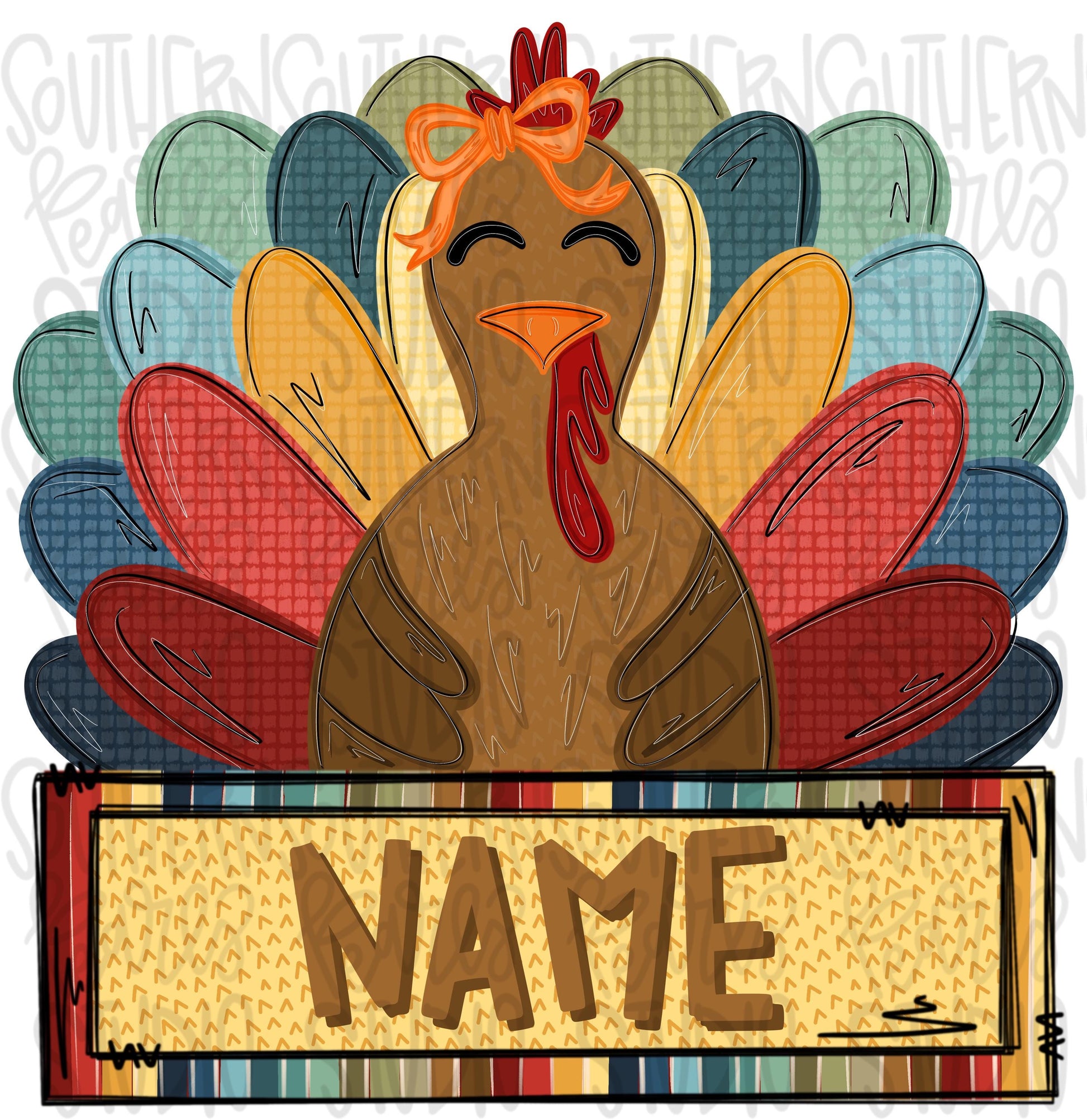Colorful winged Turkey with bow and Name Patch | Sublimation Design | Digital Download | Women’s, Kids Shirt PNG