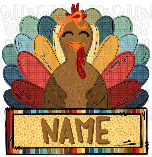 Colorful winged Turkey with bow and Name Patch | Sublimation Design | Digital Download | Women’s, Kids Shirt PNG