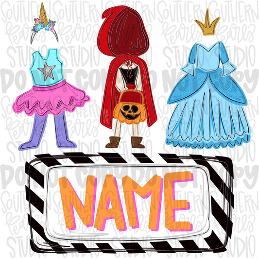 Girl costumes trio with name patch png | unicorn, red riding hood, princess | Halloween | Sublimation Design | Digital Download | Kids PNG