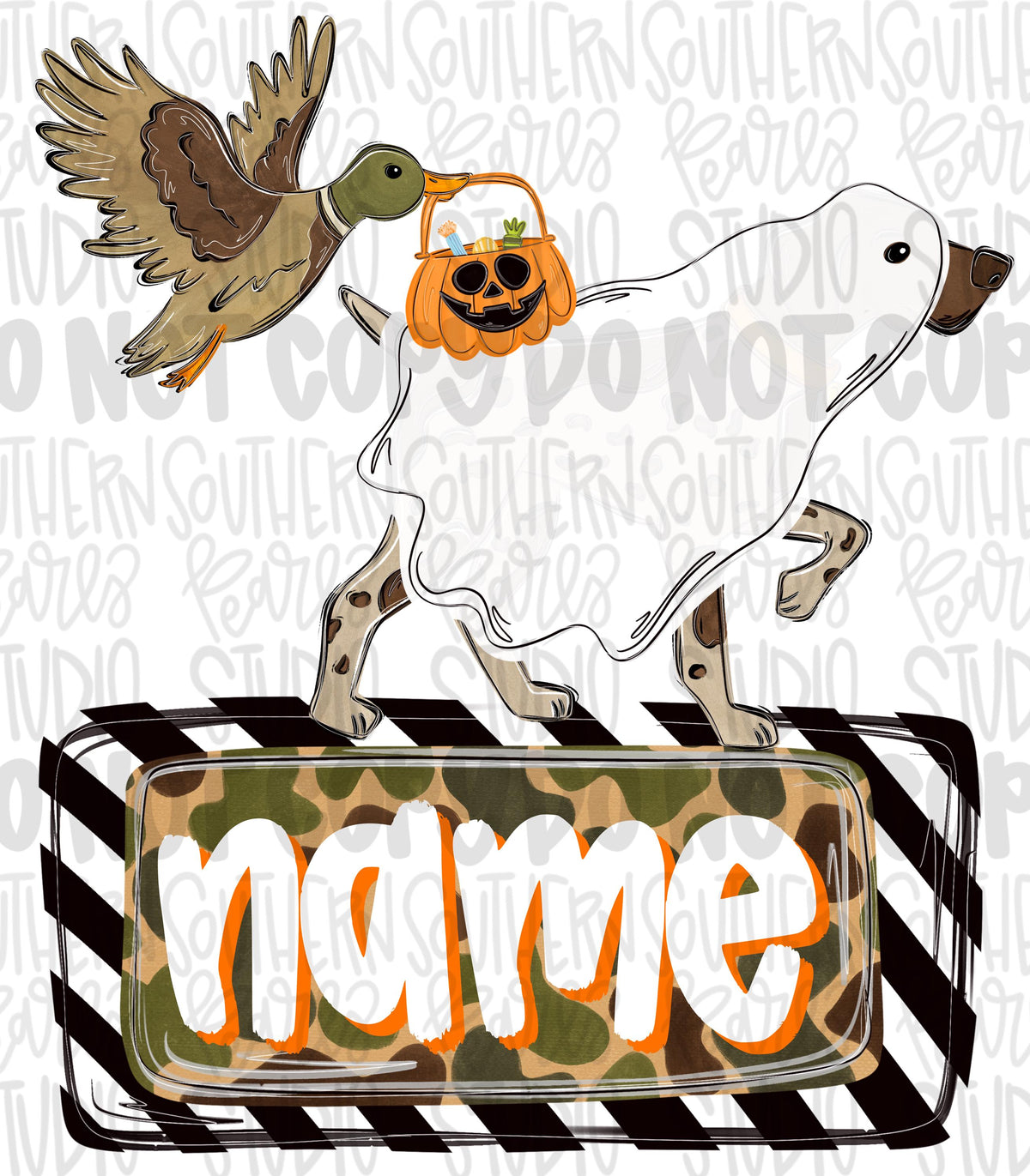 Ghost pointer and duck carrying trick or treat basket with name patch | Halloween | Sublimation Design | Digital Download | Kids Shirt PNG