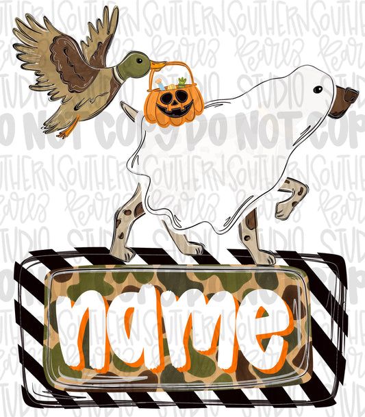 Ghost pointer and duck carrying trick or treat basket with name patch | Halloween | Sublimation Design | Digital Download | Kids Shirt PNG