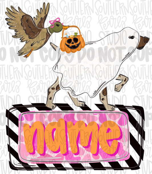Ghost pointer and duck carrying trick or treat basket with name patch girly | Halloween | Sublimation Design | Digital Download | Kids PNG