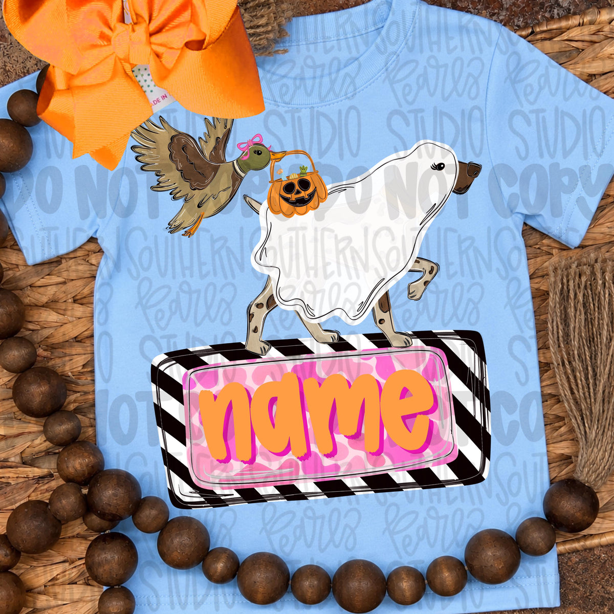 Ghost pointer and duck carrying trick or treat basket with name patch girly | Halloween | Sublimation Design | Digital Download | Kids PNG