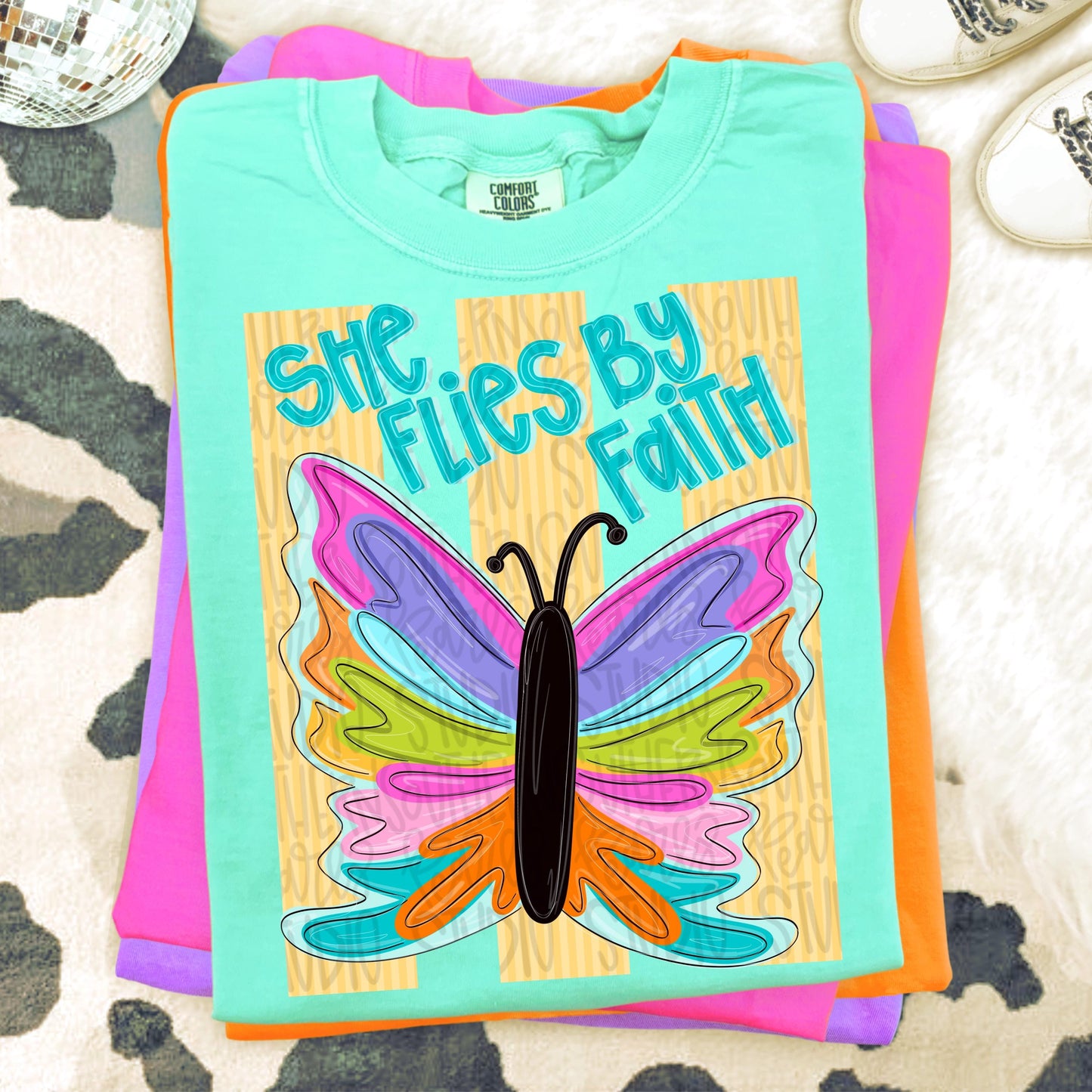 She flies by faith butterfly png, bright png, preppy png, girly png, spring png, trendy png, whimsy png, Womens png, Kids png, stripes png