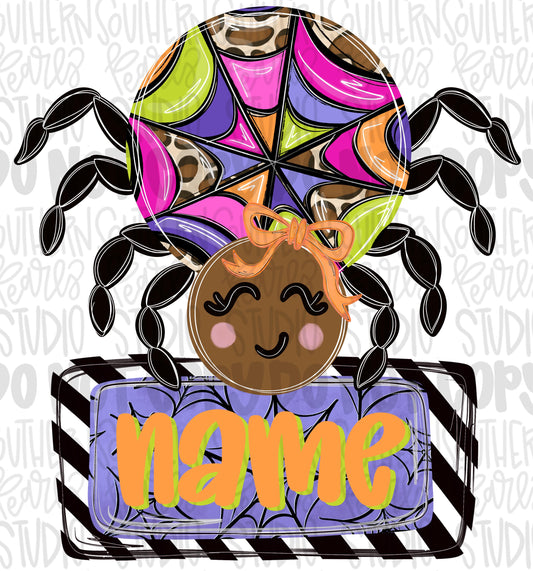 Girl spider with bow and name patch png design | Halloween png | Boo | Sublimation Design | Digital Download | Women’s, Kids Shirt PNG