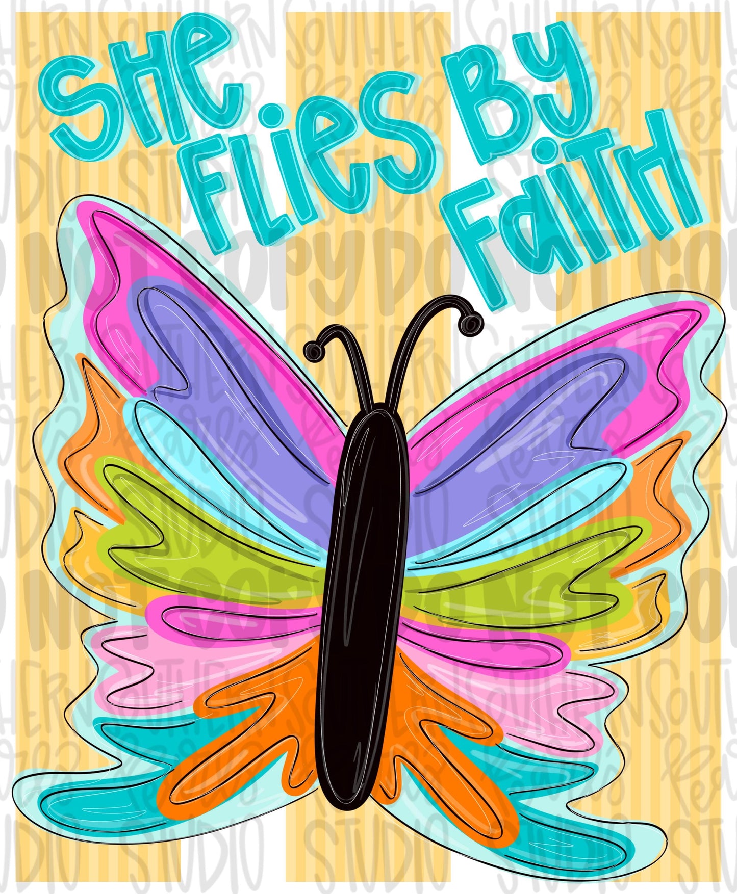 She flies by faith butterfly png, bright png, preppy png, girly png, spring png, trendy png, whimsy png, Womens png, Kids png, stripes png