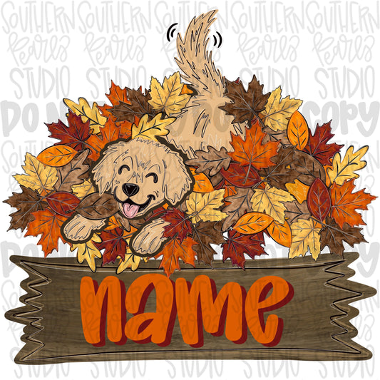 Dog in pile of leaves with Name Patch png design | Sublimation Design | Digital Download | Women’s, Kids Shirt PNG