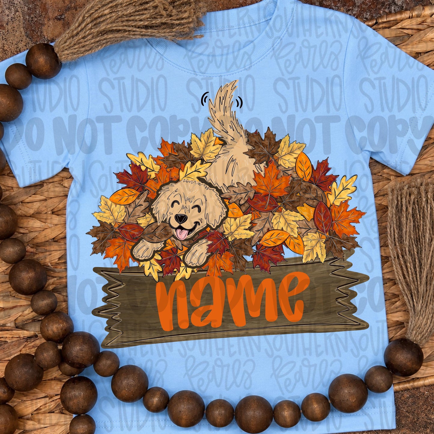 Dog in pile of leaves with Name Patch png design | Sublimation Design | Digital Download | Women’s, Kids Shirt PNG