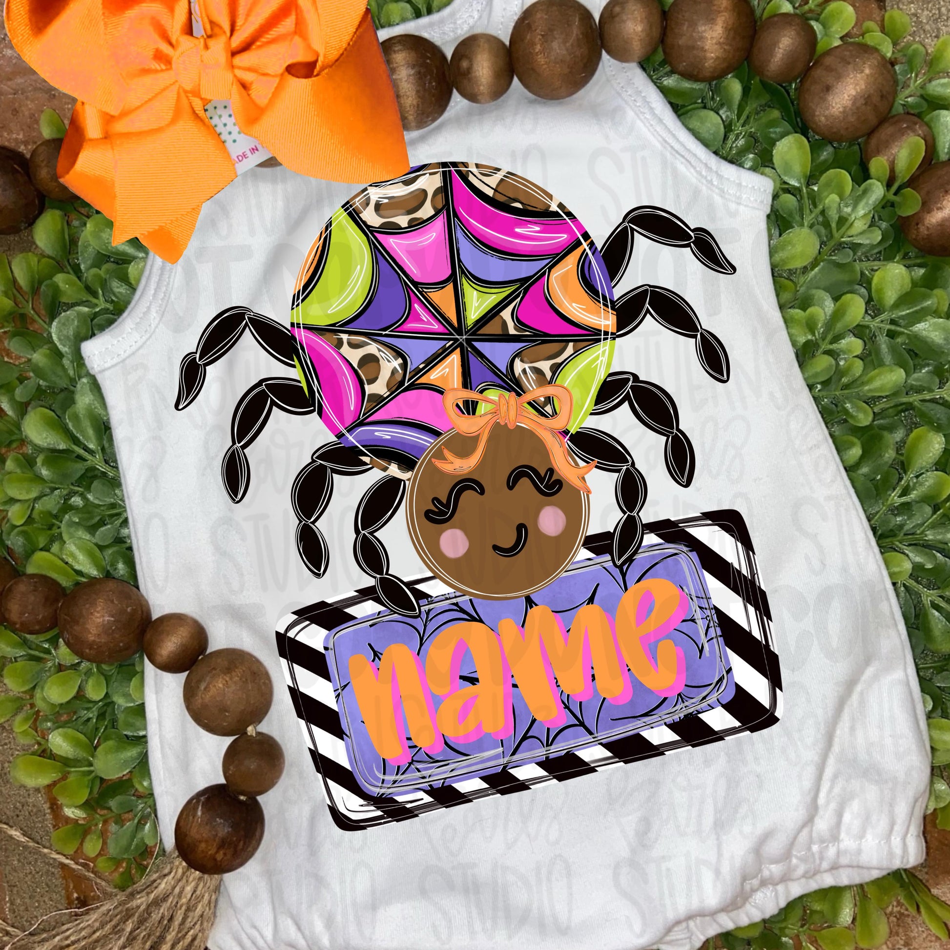 Girl spider with bow and name patch png design | Halloween png | Boo | Sublimation Design | Digital Download | Women’s, Kids Shirt PNG