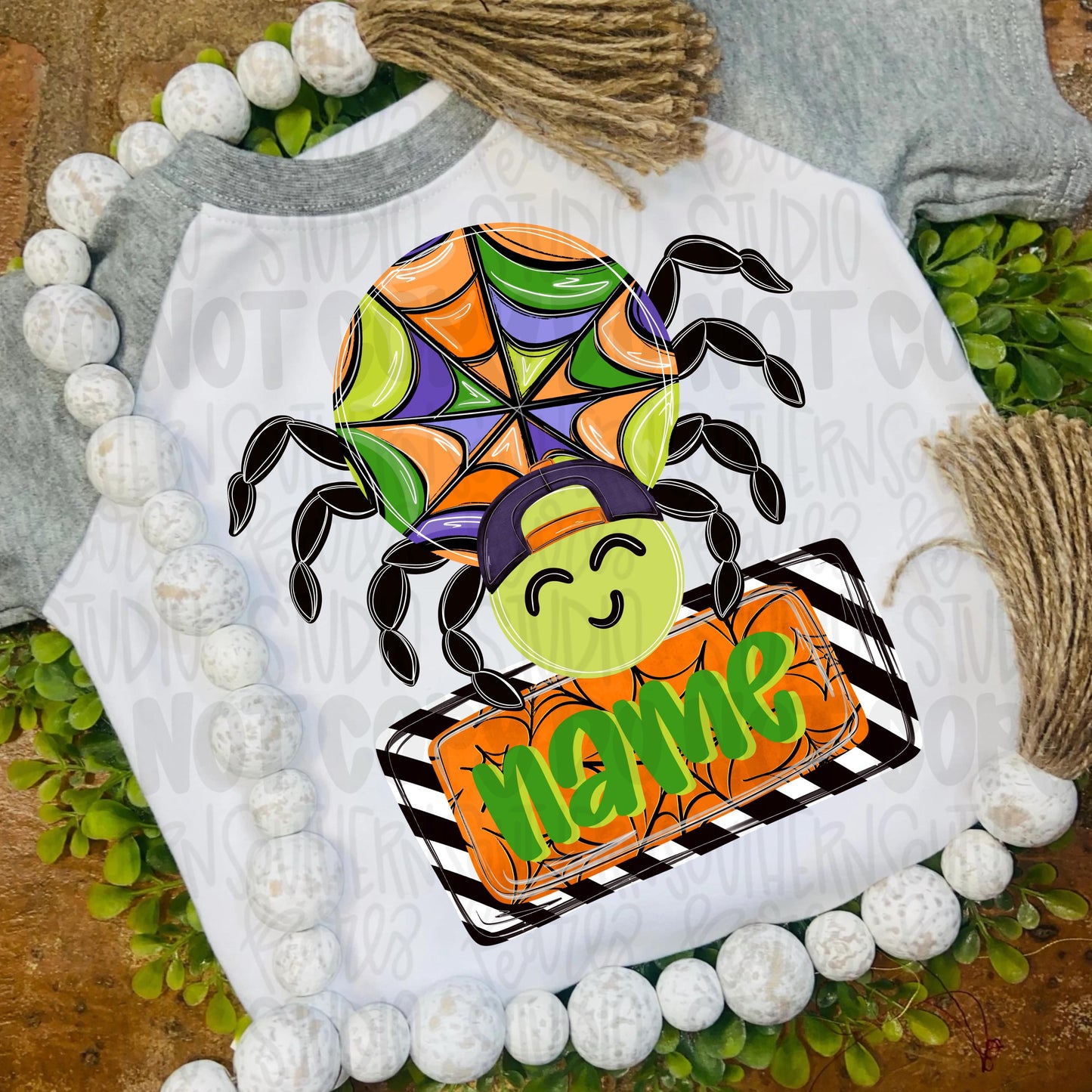 Boy spider with hat and name patch png design | Halloween png | Boo | Sublimation Design | Digital Download | Women’s, Kids Shirt PNG