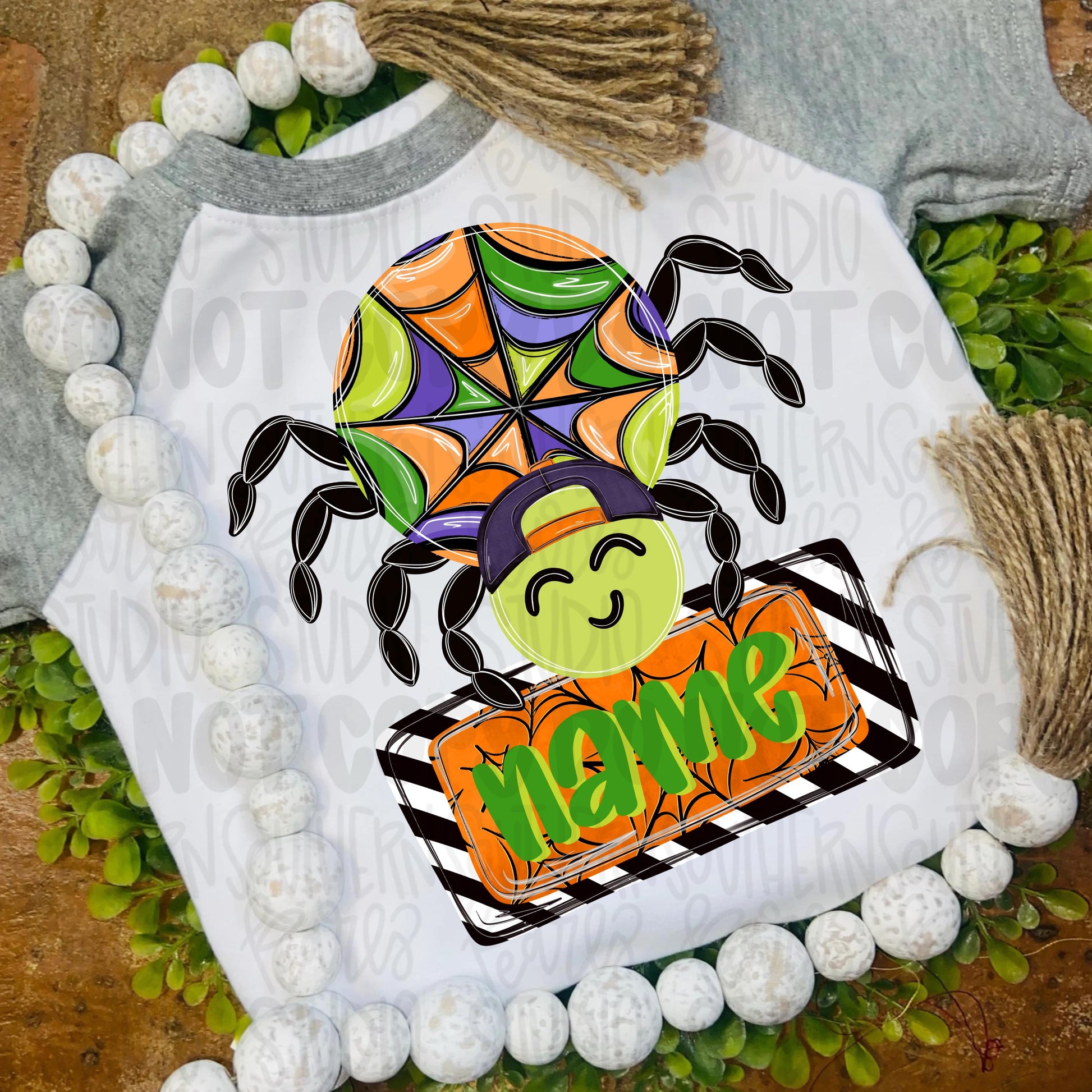 Boy spider with hat and name patch png design | Halloween png | Boo | Sublimation Design | Digital Download | Women’s, Kids Shirt PNG