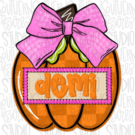 Pumpkin with pink bow with Name Patch | Sublimation Design | Digital Download | Women’s, Kids Shirt PNG