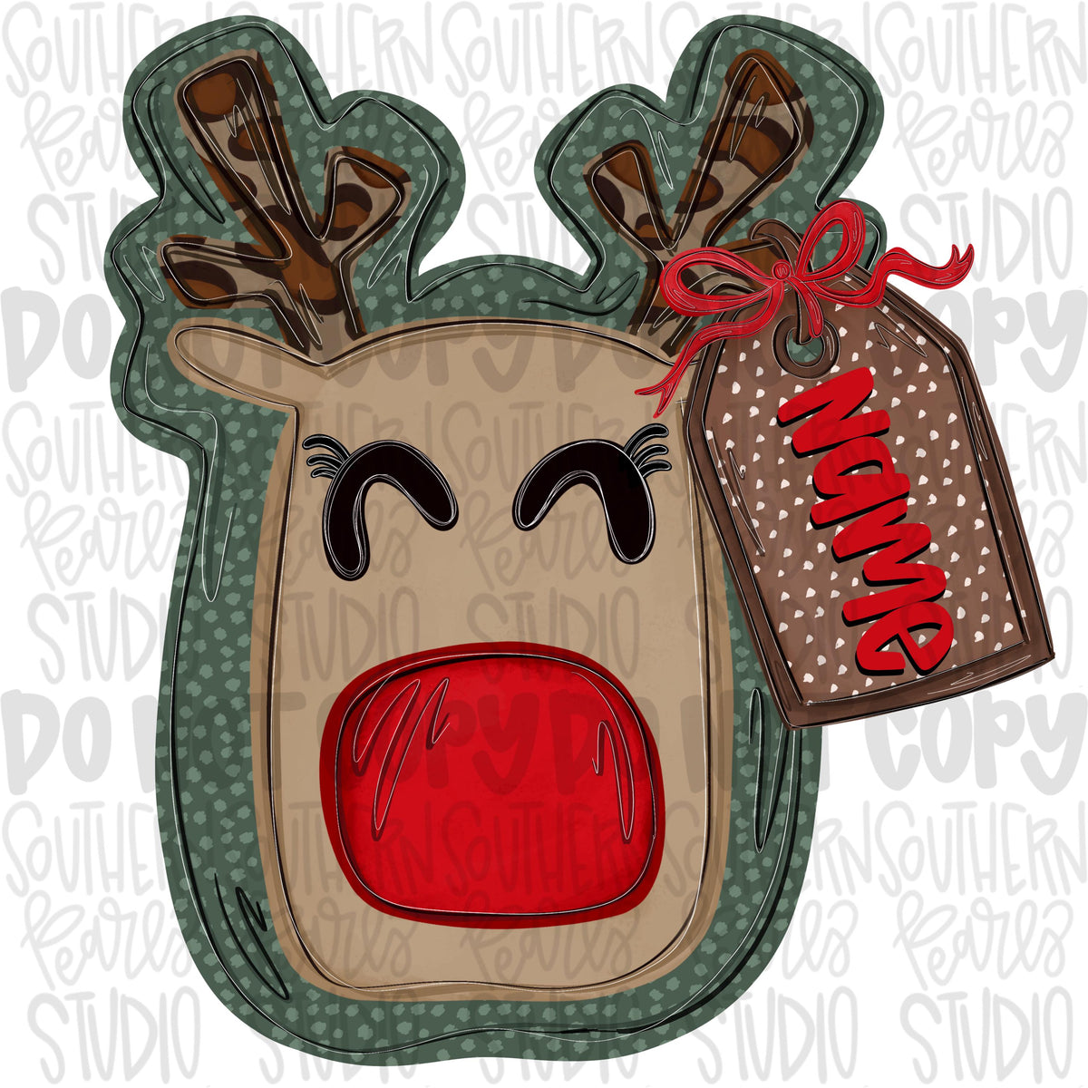 Christmas reindeer with bow and hanging tag name patch | Sublimation Design | Digital Download | Women’s, Kids Shirt PNG
