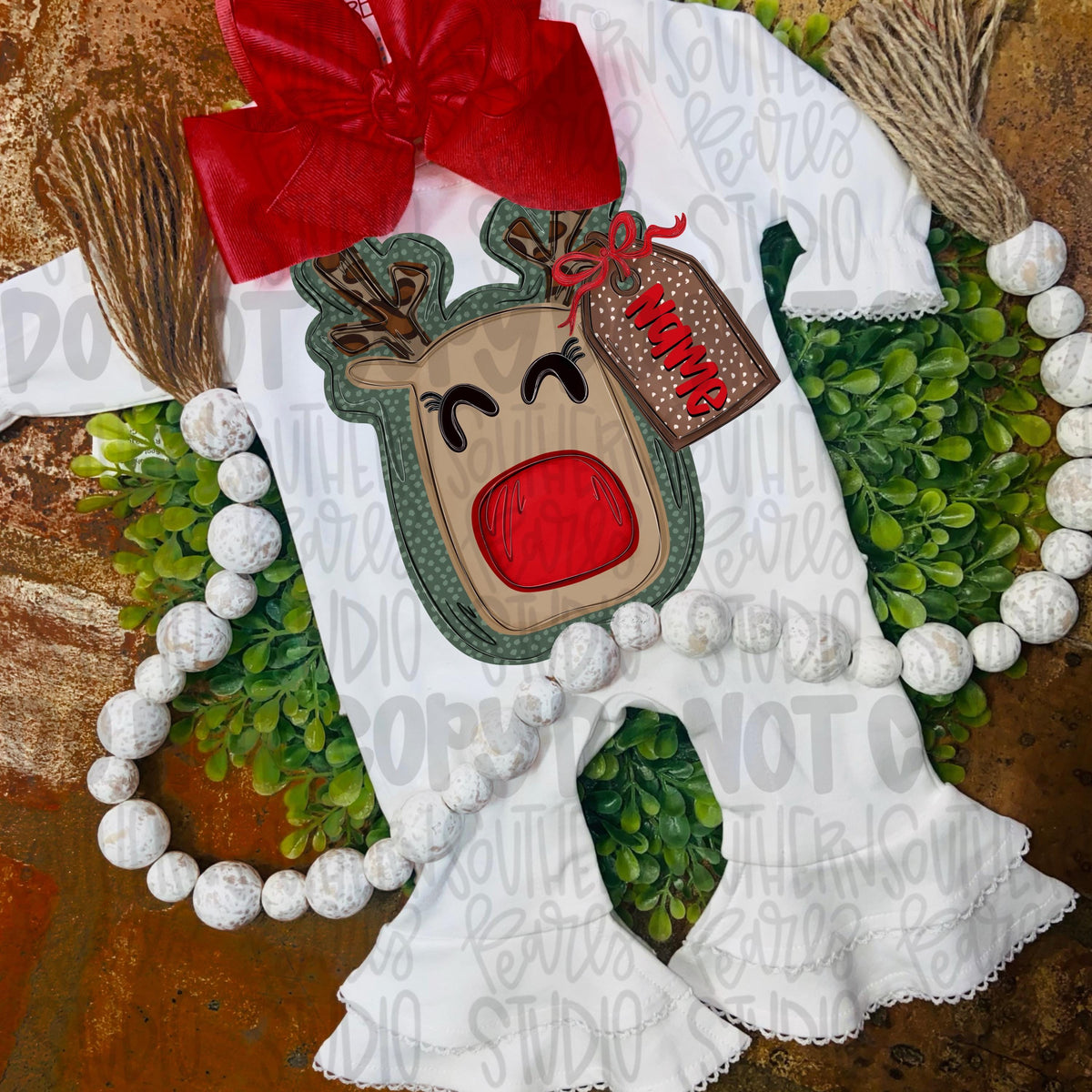 Christmas reindeer with bow and hanging tag name patch | Sublimation Design | Digital Download | Women’s, Kids Shirt PNG