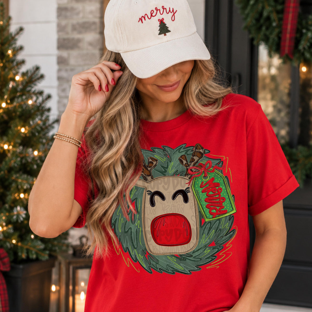 Christmas reindeer with bow and hanging tag inside wreath | Sublimation Design | Digital Download | Women’s, Kids Shirt PNG