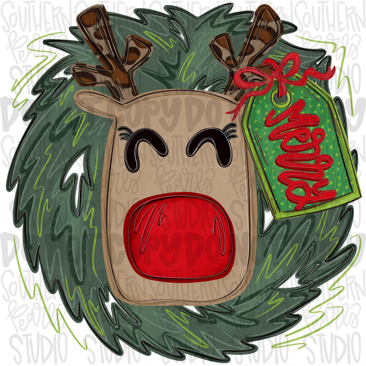 Christmas reindeer with bow and hanging tag inside wreath | Sublimation Design | Digital Download | Women’s, Kids Shirt PNG