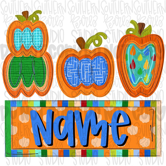 Colorful pumpkin insides trio with Name Patch boy | fall png design | Sublimation Design | Digital Download | Women’s, Kids Shirt PNG