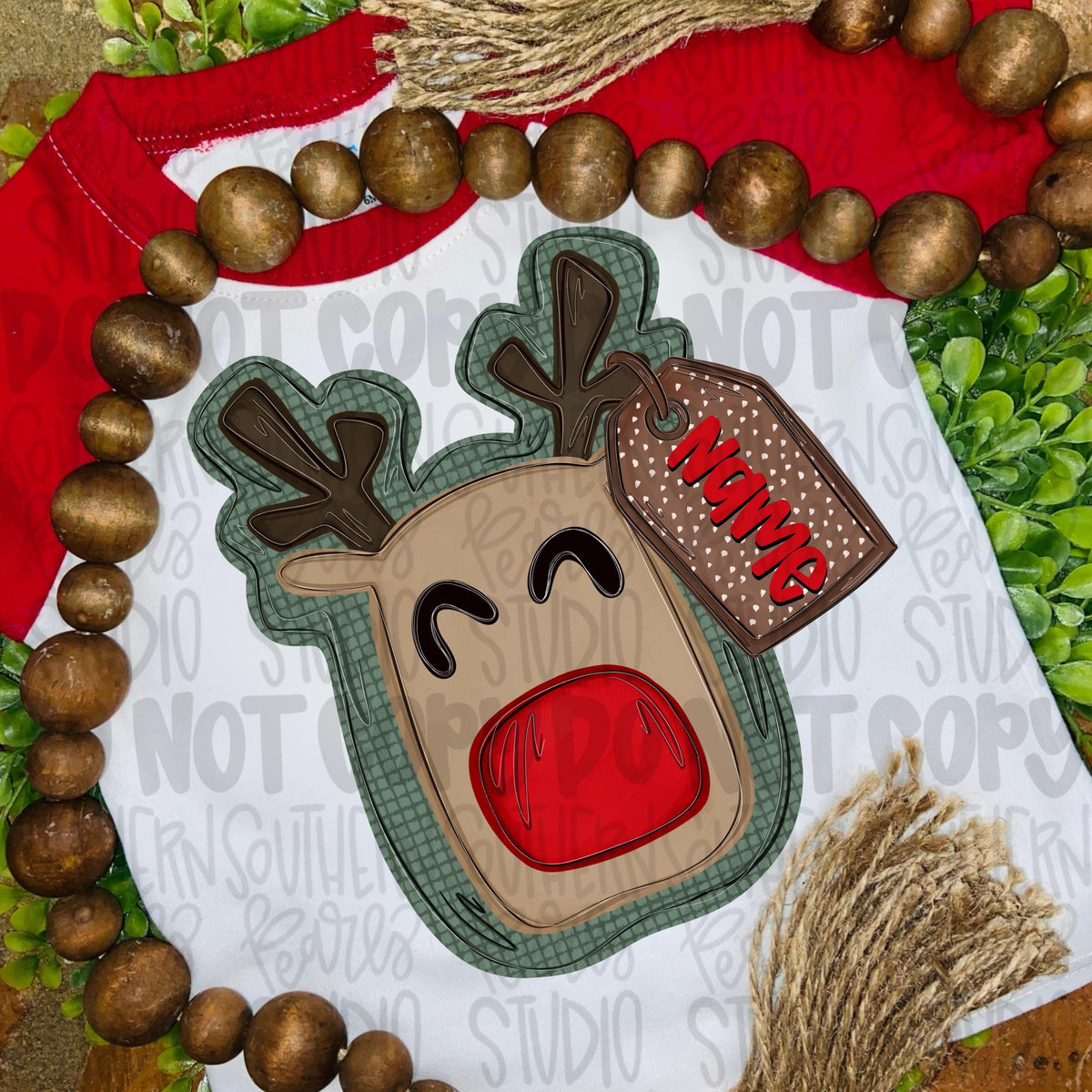 Christmas reindeer with hanging tag name patch | Sublimation Design | Digital Download | Women’s, Kids Shirt PNG