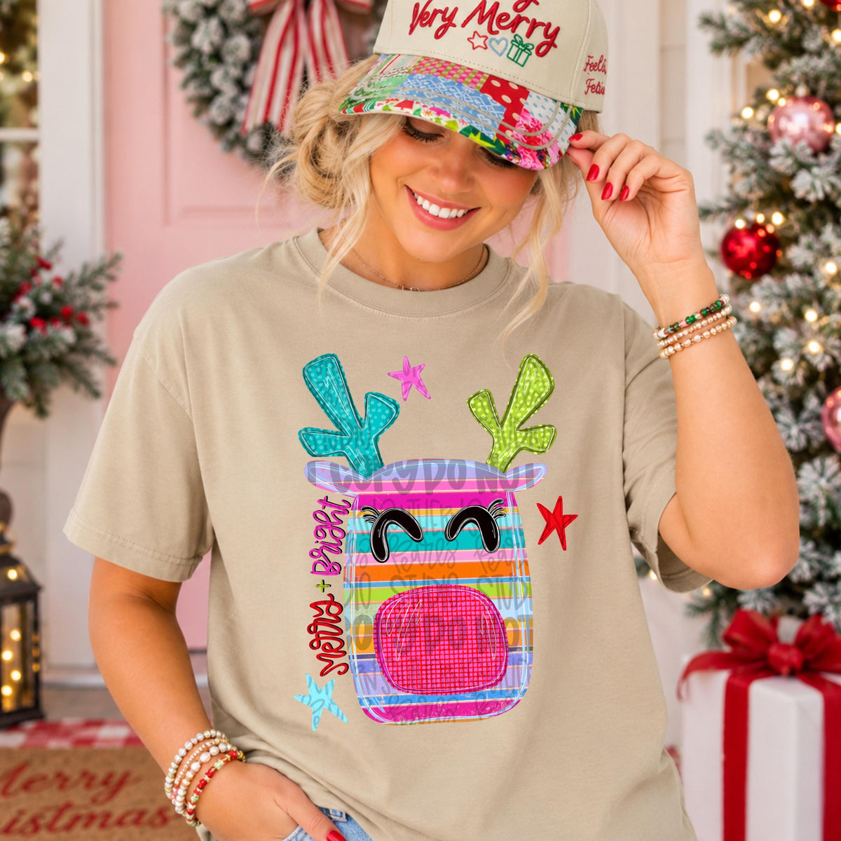 Merry and Bright colorful striped reindeer png design | Christmas png | Sublimation Design | Digital Download | Women’s, Kids Shirt PNG
