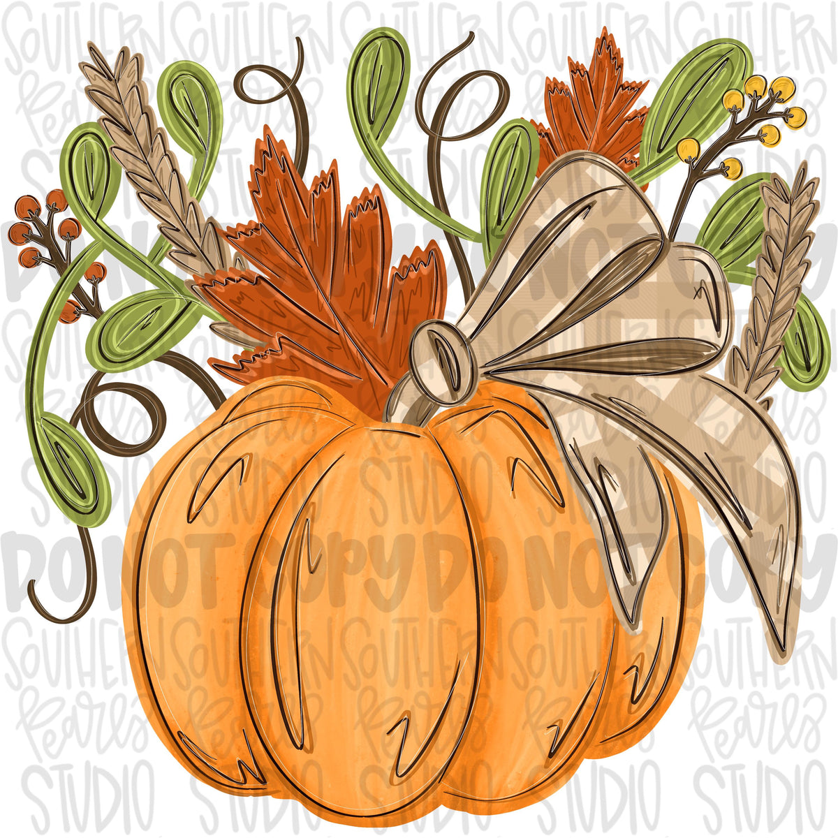 Pumpkin as a vase with plaid bow, leaves, sprigs and wheat png design | fall png | Sublimation Design | Digital Download | Womens Kids PNG