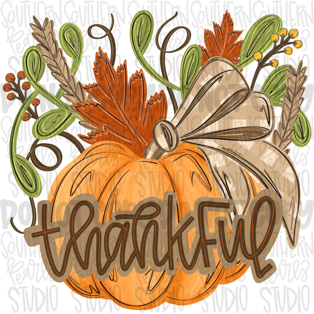 Thankful Pumpkin with plaid bow, leaves, sprigs and wheat png design | fall png | Sublimation Design | Digital Download | Womens Kids PNG