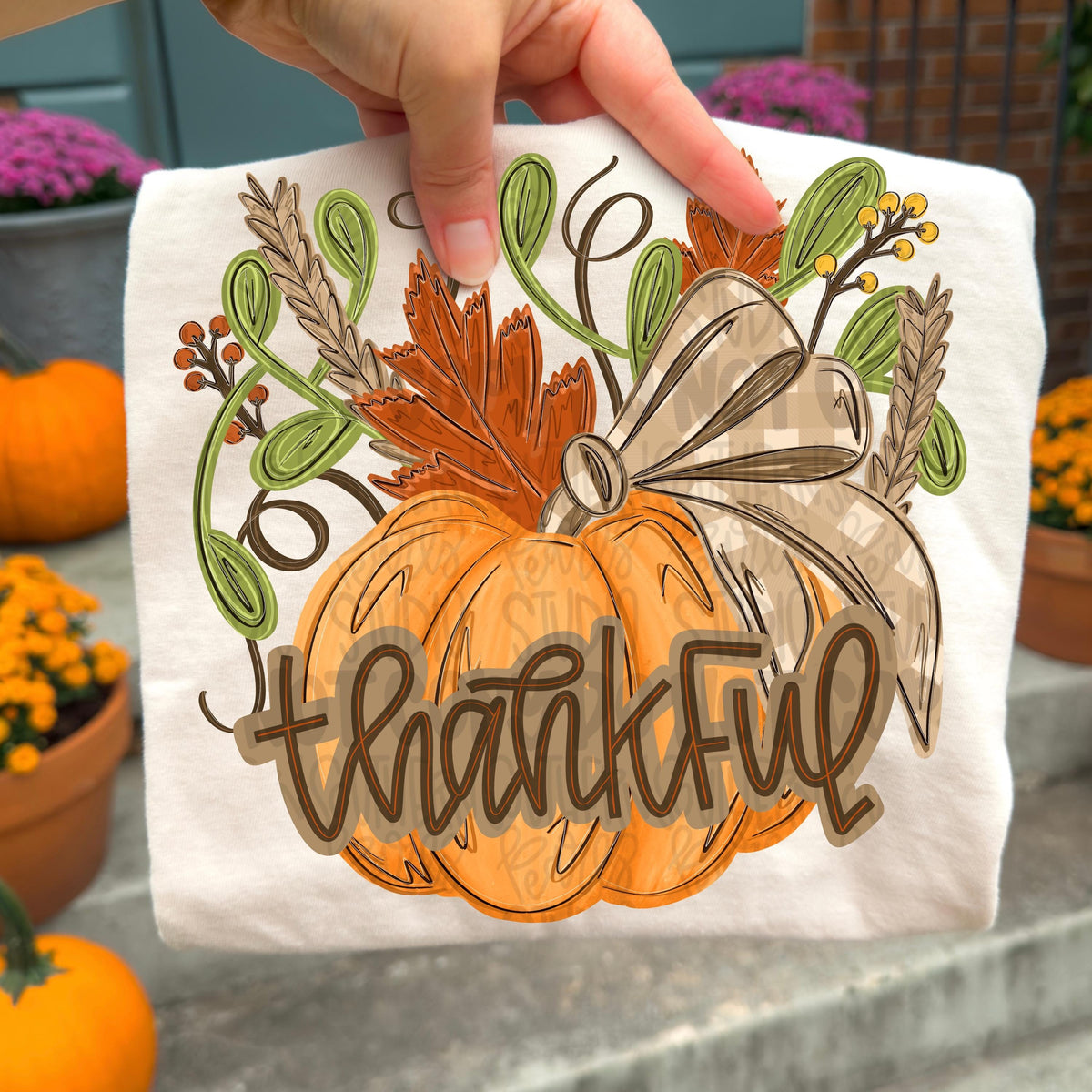 Thankful Pumpkin with plaid bow, leaves, sprigs and wheat png design | fall png | Sublimation Design | Digital Download | Womens Kids PNG
