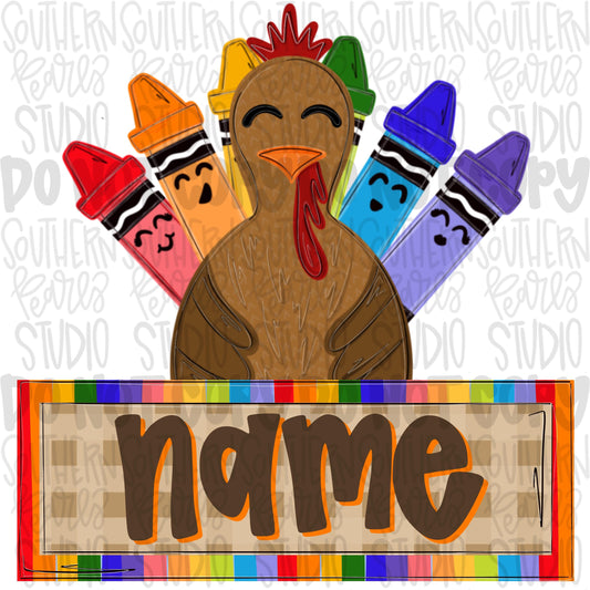 Boy turkey with crayons and name patch png design | fall png | Sublimation Design | Digital Download | Womens Kids PNG